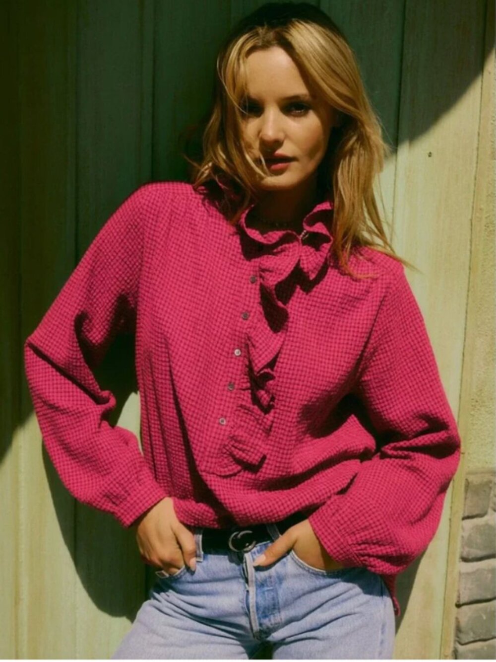 Xirena Ruffle Henley Caspian Popover Blouse Top in Gingham Poppy